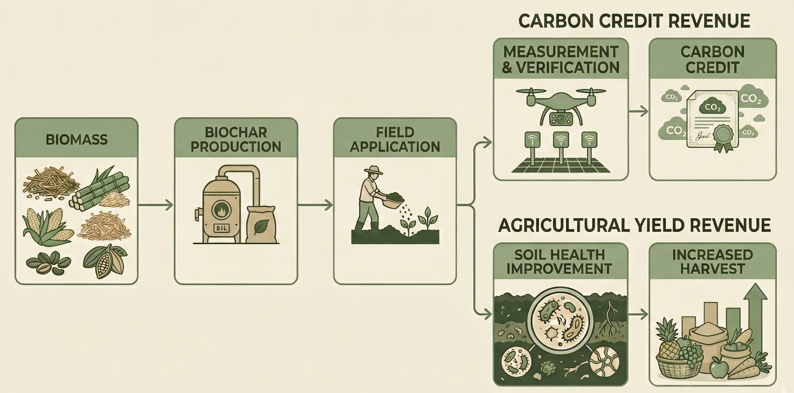 Integrated system diagram showing biomass, biochar production, field application, measurement and verification, carbon credit, soil health improvement, and increased harvest
