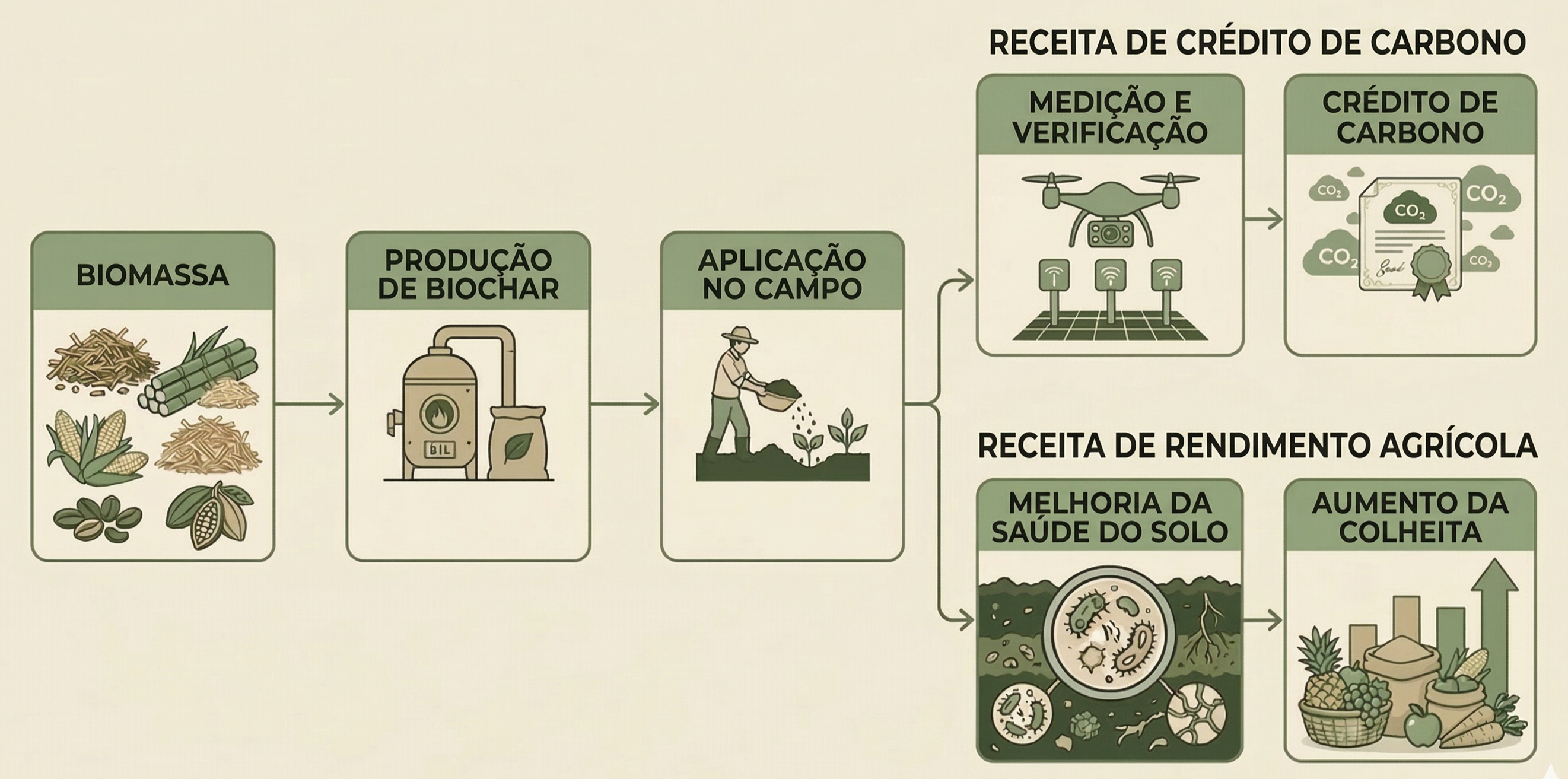Diagrama do sistema integrado mostrando biomassa, produ&ccedil;&atilde;o de biochar, aplica&ccedil;&atilde;o no campo, medi&ccedil;&atilde;o e verifica&ccedil;&atilde;o, cr&eacute;dito de carbono, melhoria da sa&uacute;de do solo e aumento da colheita